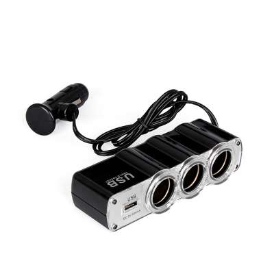 Portable Quick Charging 5A 24V Output 3 Way Cigarette Lighter Car Socket Splitter Adapter With Usb Cable For Mobilephone